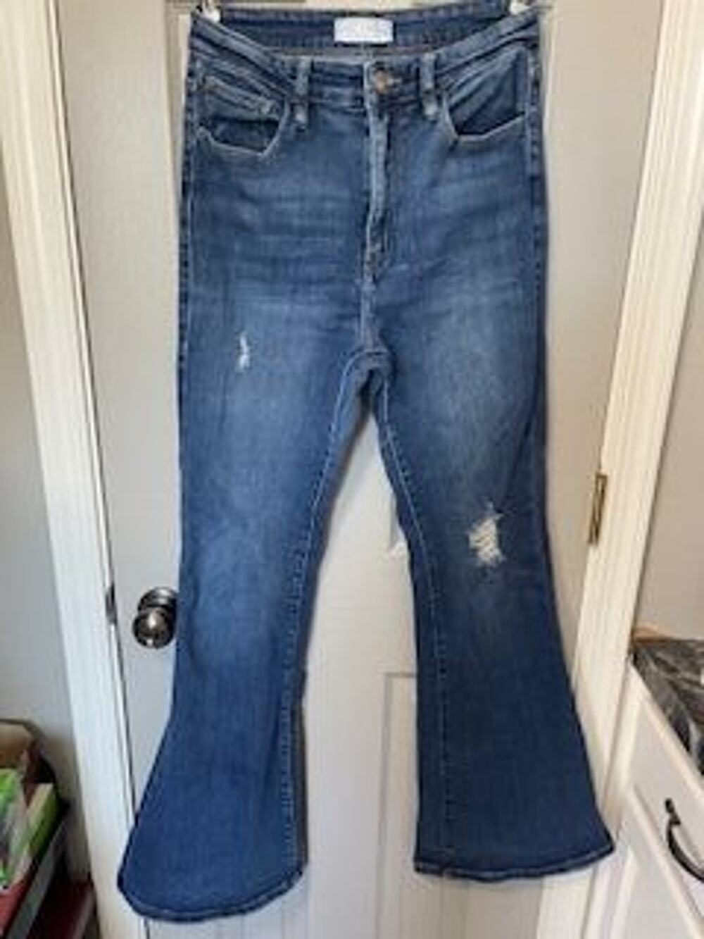 #B1074 PRE-LOVED Nature Denim brand high rise distressed flare jeans size 9/28